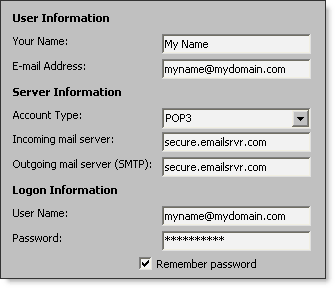 Account information form in Outlook